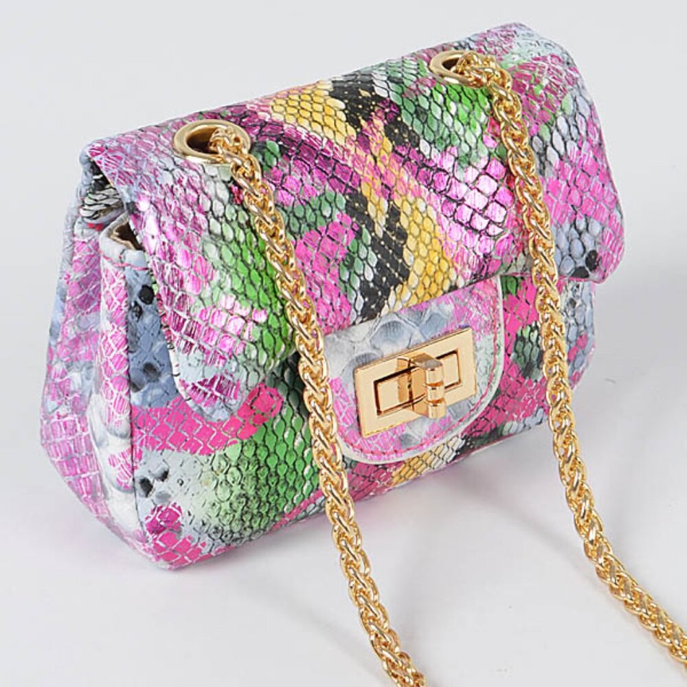 Snake Pattern Embossed Shiny Multi Color Mini Crossbody / Clutch Bag - NWT